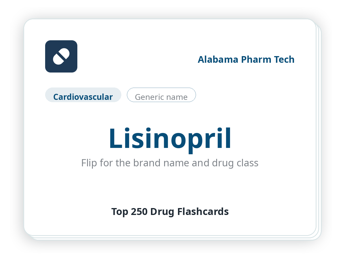 Top 250 Drug Flashcards sample card showing the generic name Lisinopril